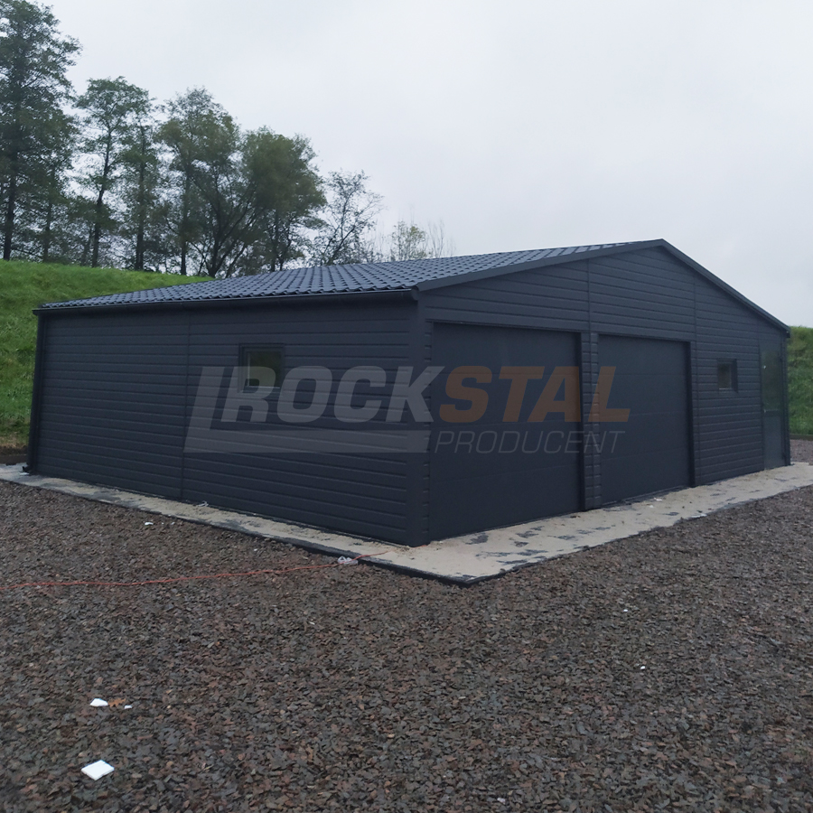 Duży garaż blaszany 10x8m - antracyt, bramy uchylne, dodatkowe drzwi i okno + blachodachówka
