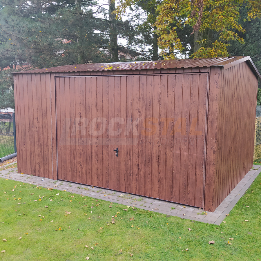 Garaż blaszany - imitacja drewna orzech 4x3 m + brama uchylna