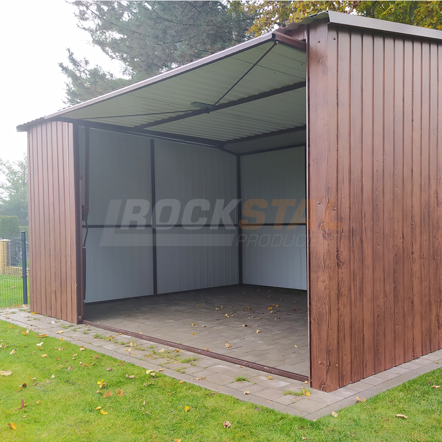 Garaż blaszany - imitacja drewna orzech 4x3 m + brama uchylna - obrazek 3