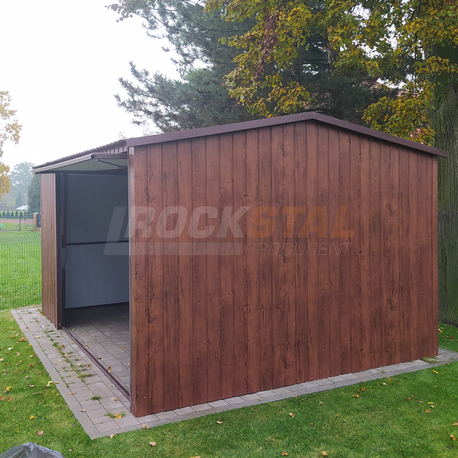 Garaż blaszany - imitacja drewna orzech 4x3 m + brama uchylna - obrazek 4