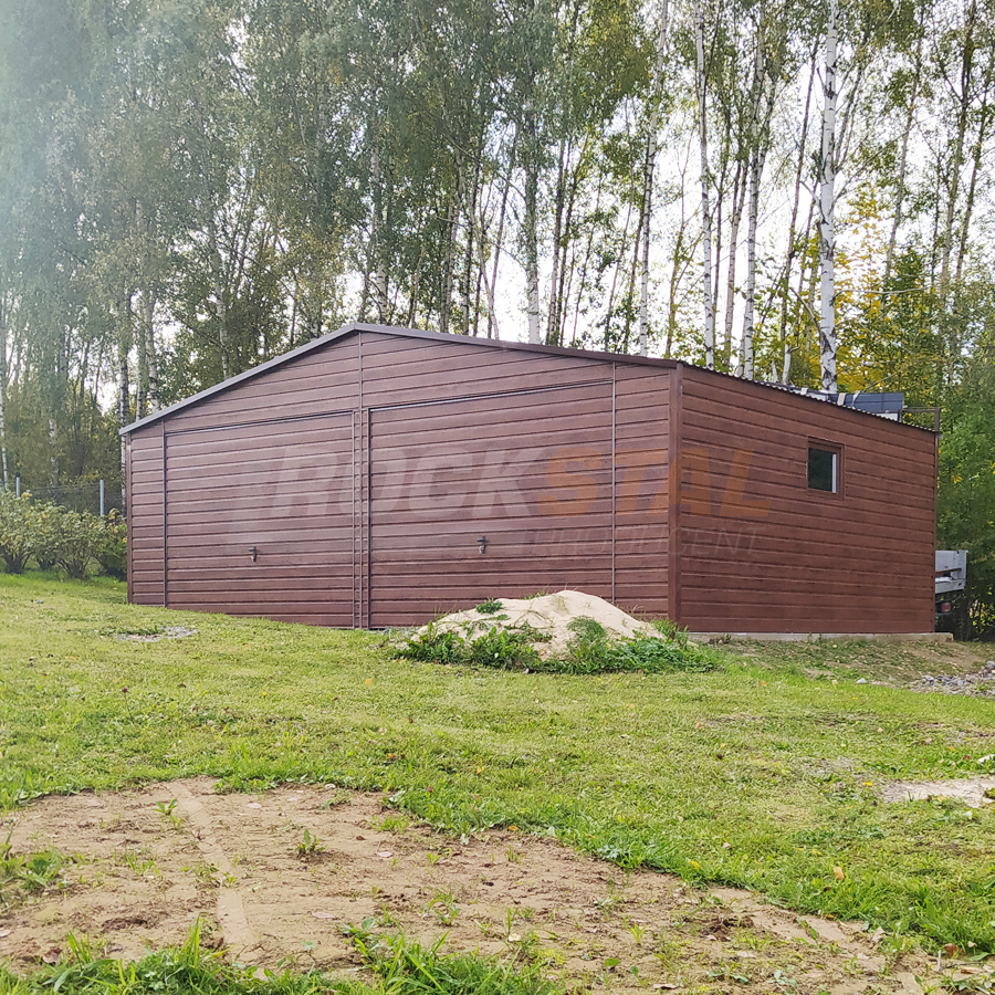 Duży garaż blaszany 6,5x6m + bramy uchylne orzech