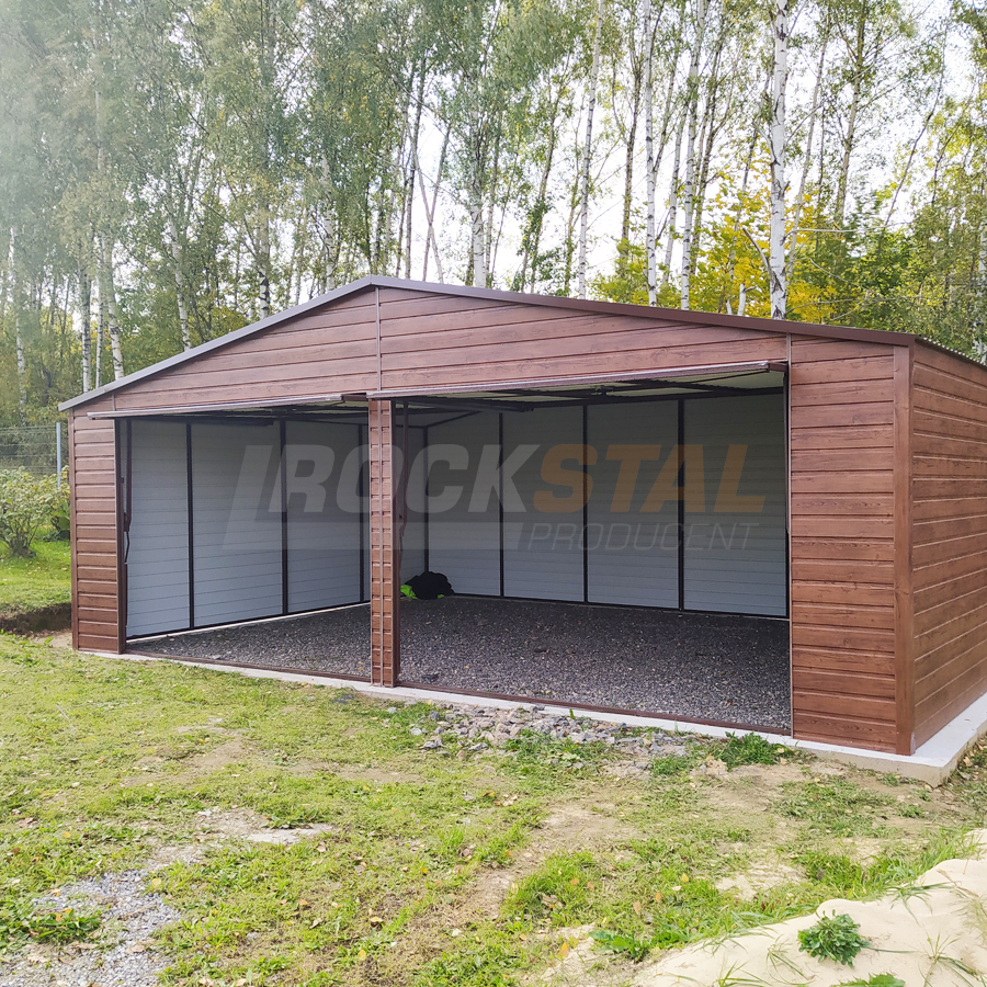 Duży garaż blaszany 6,5x6m + bramy uchylne orzech - obrazek 3