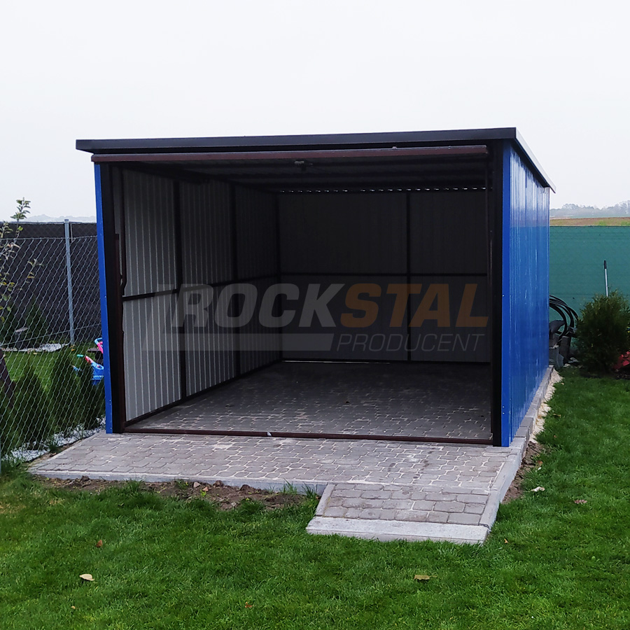 Garaż blaszany 3x5 niebieski z ciemną bramą uchylną - obrazek 4
