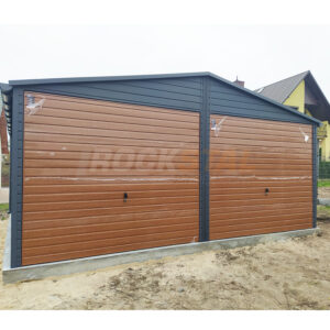 Garaż blaszany 6x6 m + dwie bramy uchylne drewnopodobne