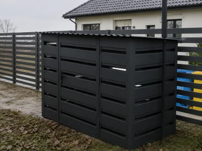 Czarna wiata śmietnikowa przy ogrodzeniu na pojemniki na odpady