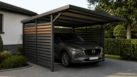 nowoczesny carport przy domu z miejscem na samochód